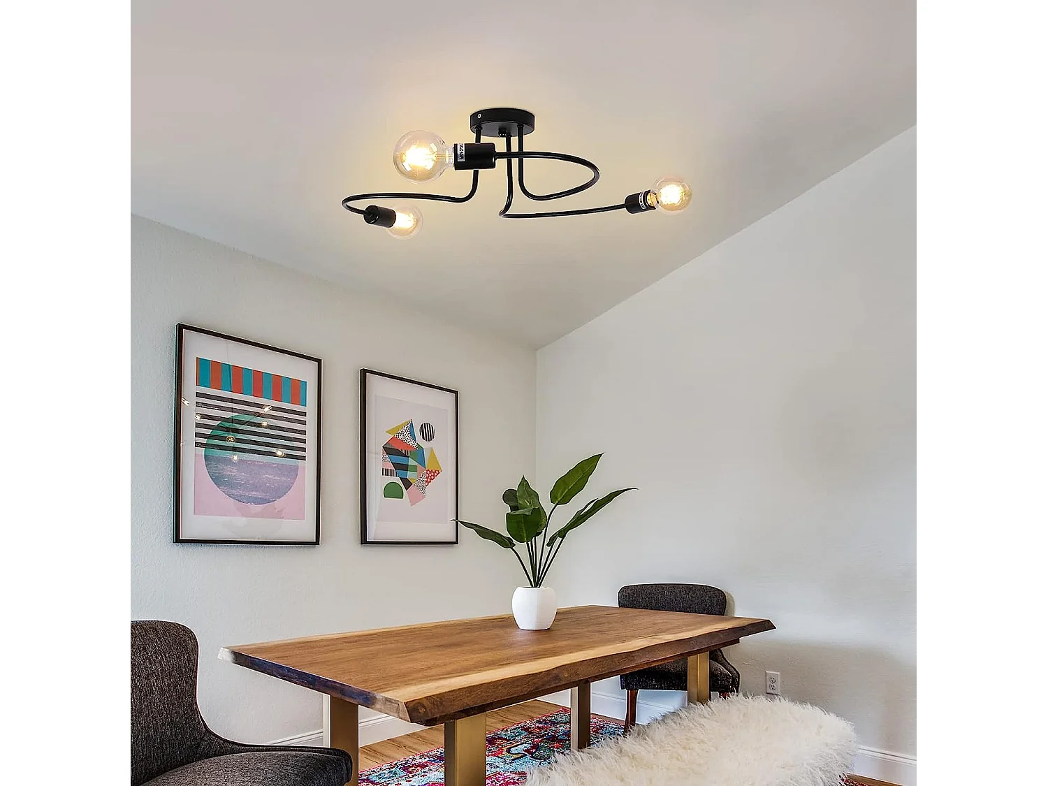 Plafonnier Vintage E27 Base 3 Lampe, 60*12cm, en fer, noir