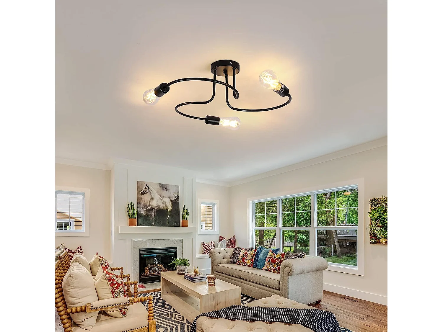 Plafonnier Vintage E27 Base 3 Lampe, 60*12cm, en fer, noir