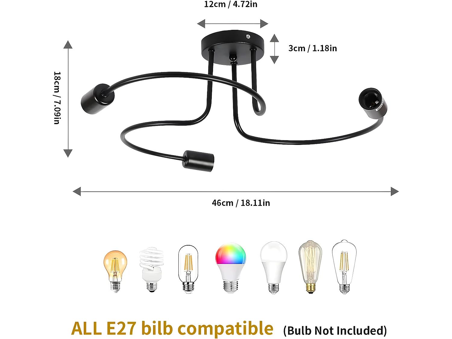 Plafonnier Vintage E27 Base 3 Lampe, 60*12cm, en fer, noir