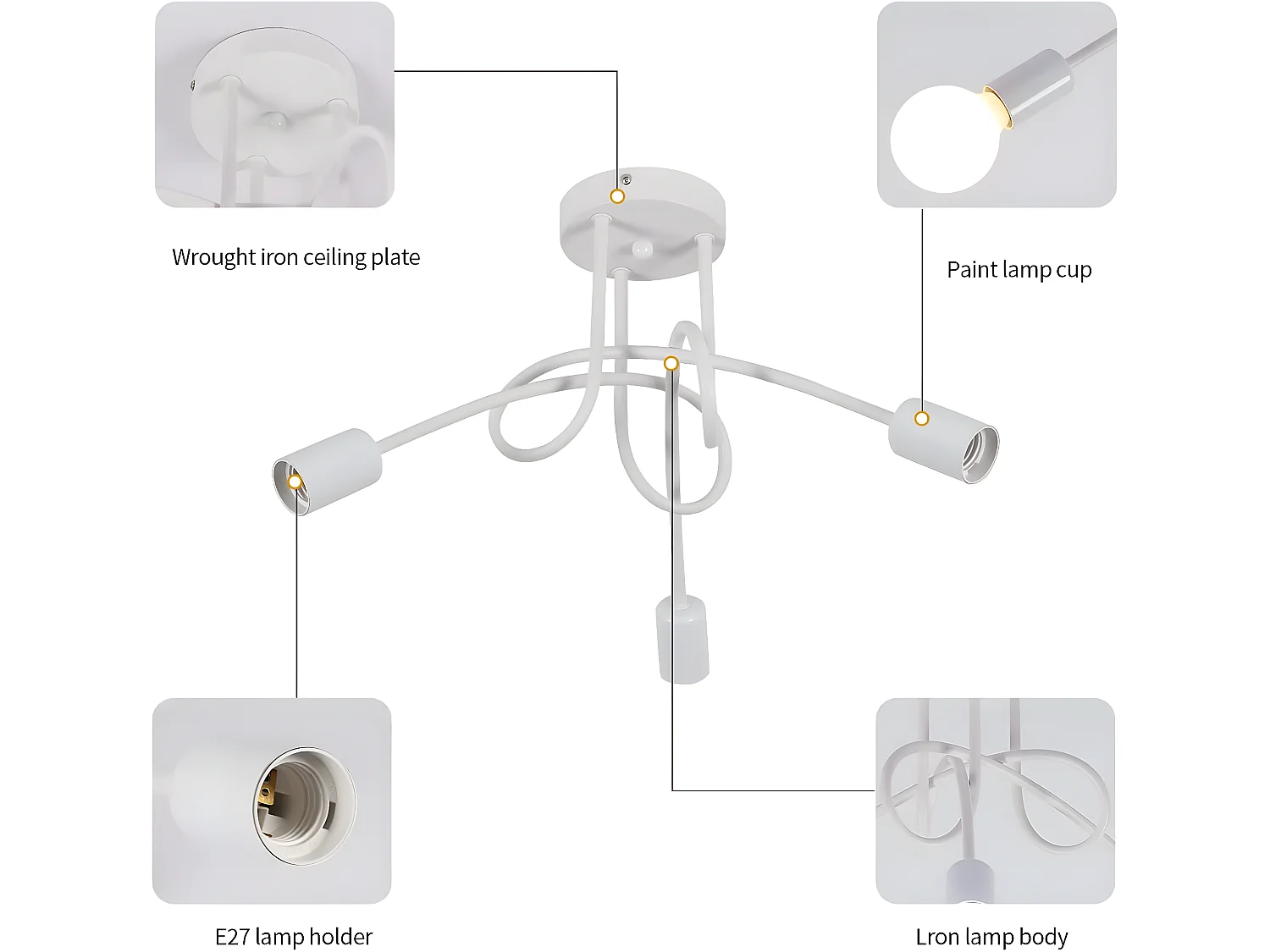 Plafonnier moderne à 3 lumière Industriel, blanc, 40*40*30cm, E27, sans ampoule, en fer