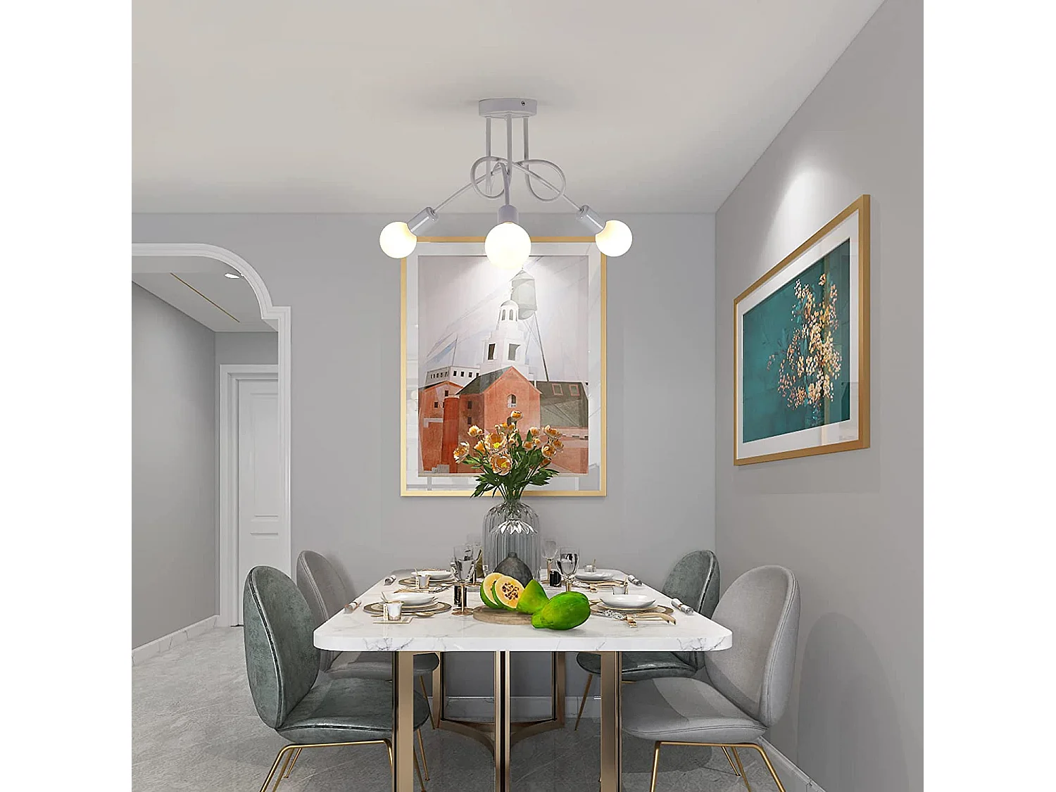 Plafonnier moderne à 3 lumière Industriel, blanc, 40*40*30cm, E27, sans ampoule, en fer