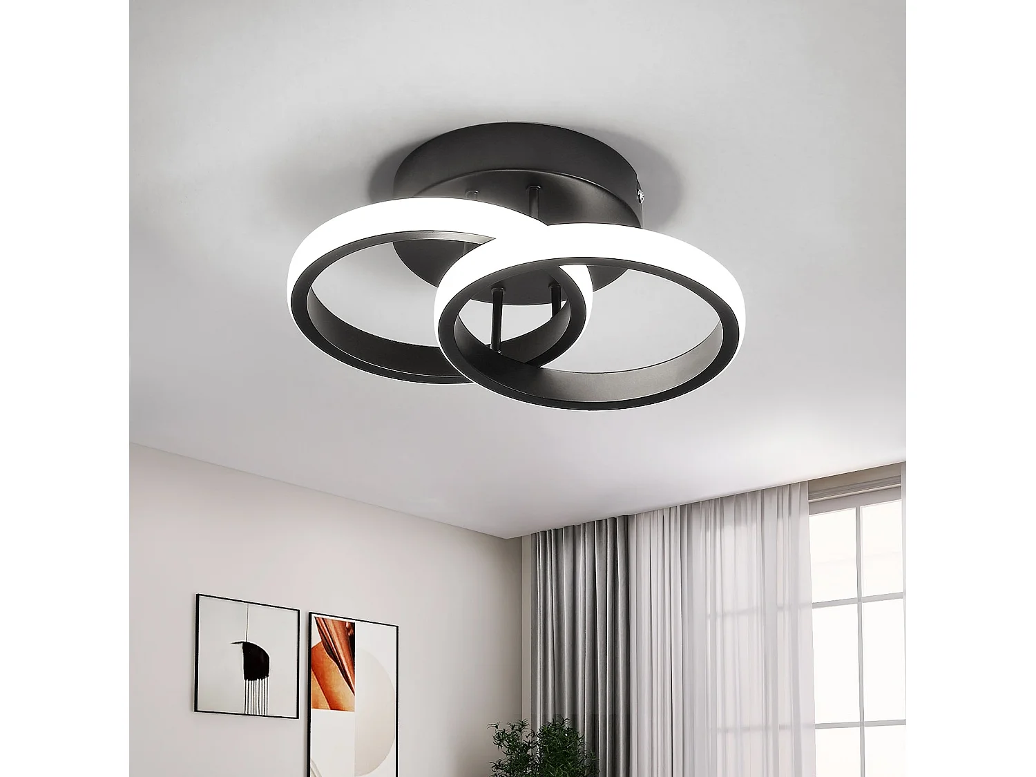 Plafonnier LED rond croisés, noir, 25*17*9cm, 22W, en acrylique, lumière blanc froid