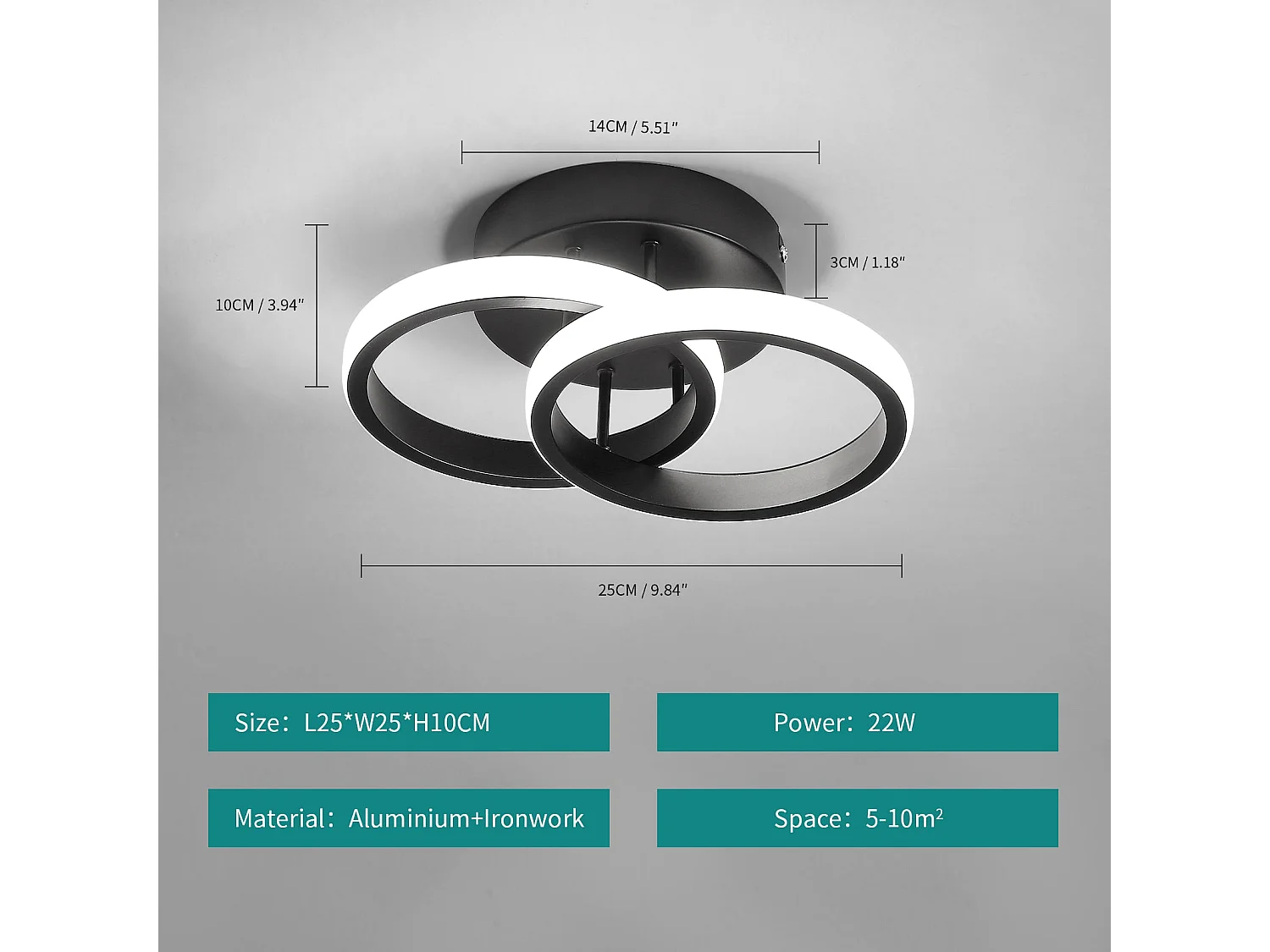Plafonnier LED rond croisés, noir, 25*17*9cm, 22W, en acrylique, lumière blanc froid