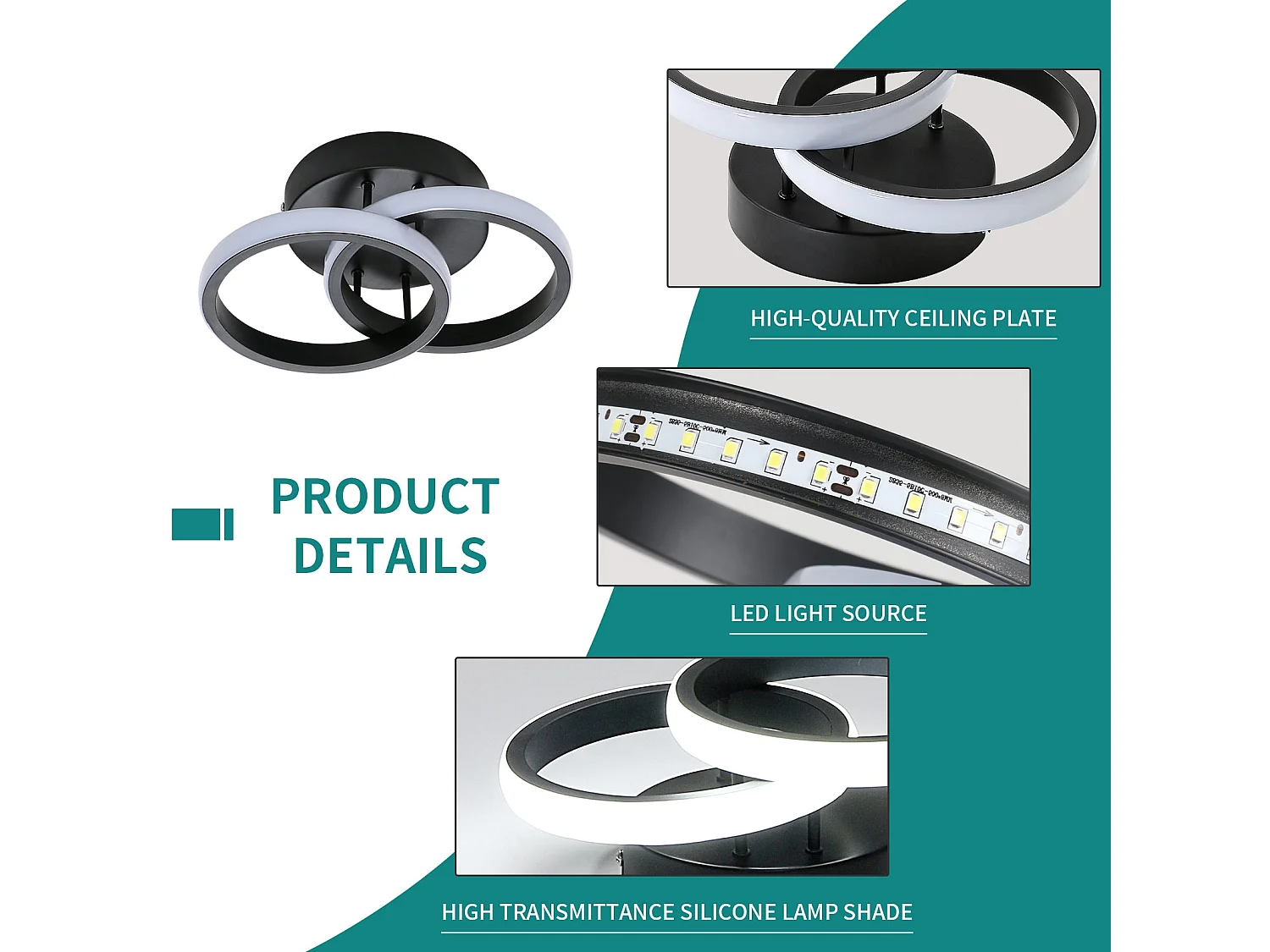 Plafonnier LED rond croisés, noir, 25*17*9cm, 22W, en acrylique, lumière blanc froid