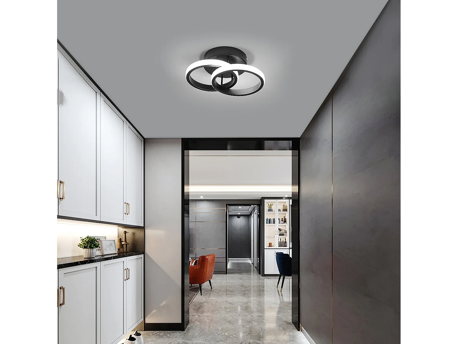 Plafonnier LED rond croisés, noir, 25*17*9cm, 22W, en acrylique, lumière blanc froid