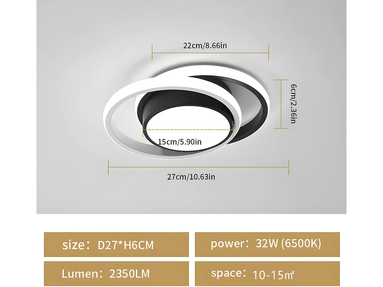 Plafonnier LED rond Intérieur, noir et blanc, 27*22*6cm, 32W 2350LM,  en metal