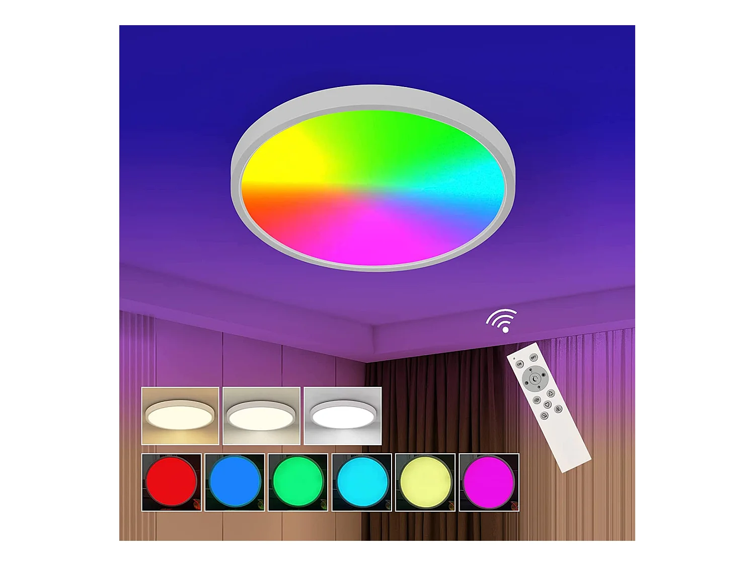 Plafonnier led 24w dimmable RGB, blanc, 30*2.5cm, 2520lm avec télécommande, 2700-6500k