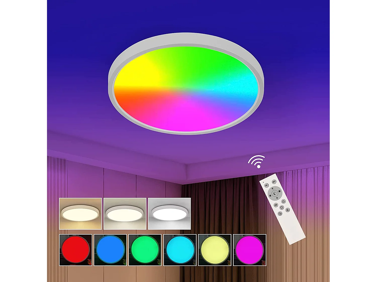 Plafonnier led 24w dimmable RGB, blanc, 30*2.5cm, 2520lm avec télécommande, 2700-6500k