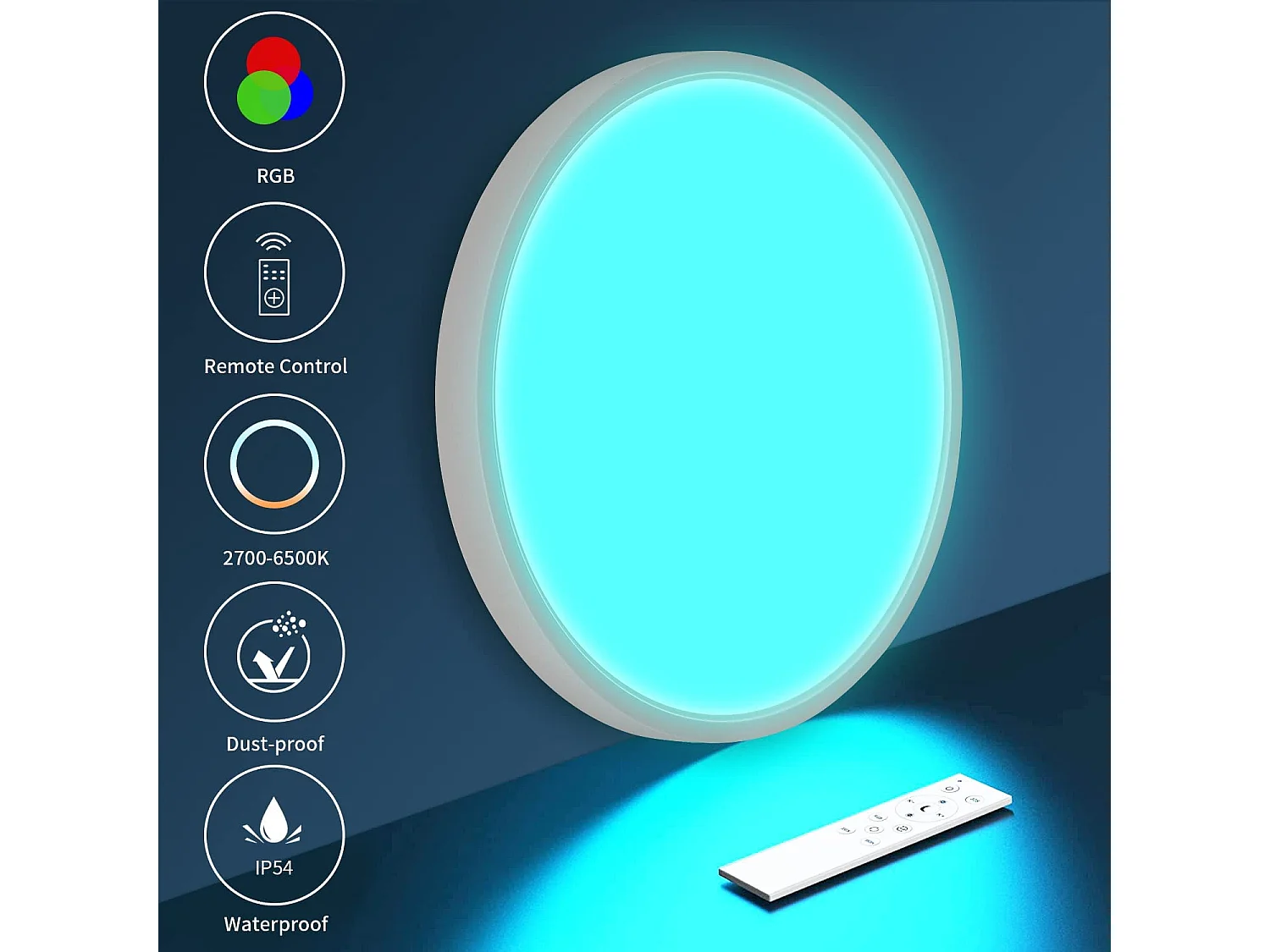 Plafonnier led 24w dimmable RGB, blanc, 30*2.5cm, 2520lm avec télécommande, 2700-6500k