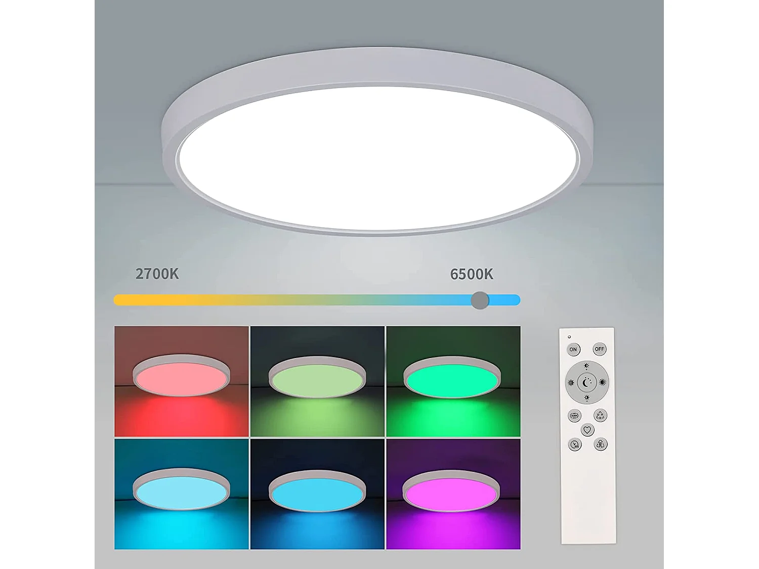 Plafonnier led 24w dimmable RGB, blanc, 30*2.5cm, 2520lm avec télécommande, 2700-6500k