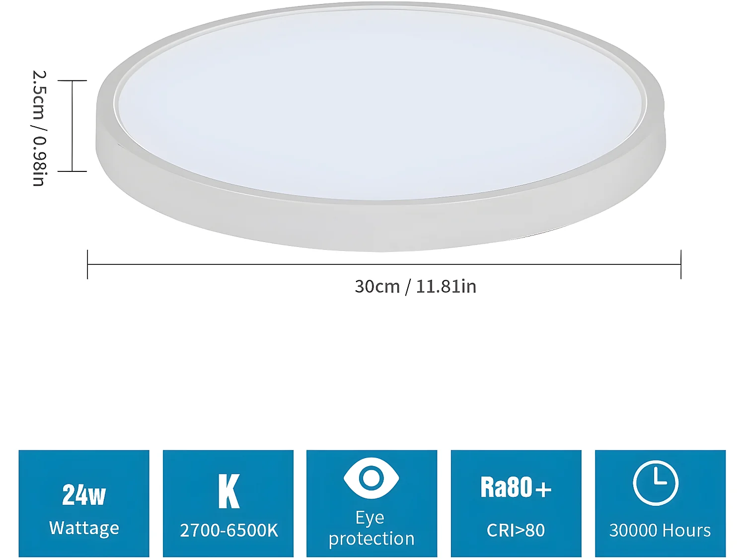 Plafonnier led 24w dimmable RGB, blanc, 30*2.5cm, 2520lm avec télécommande, 2700-6500k