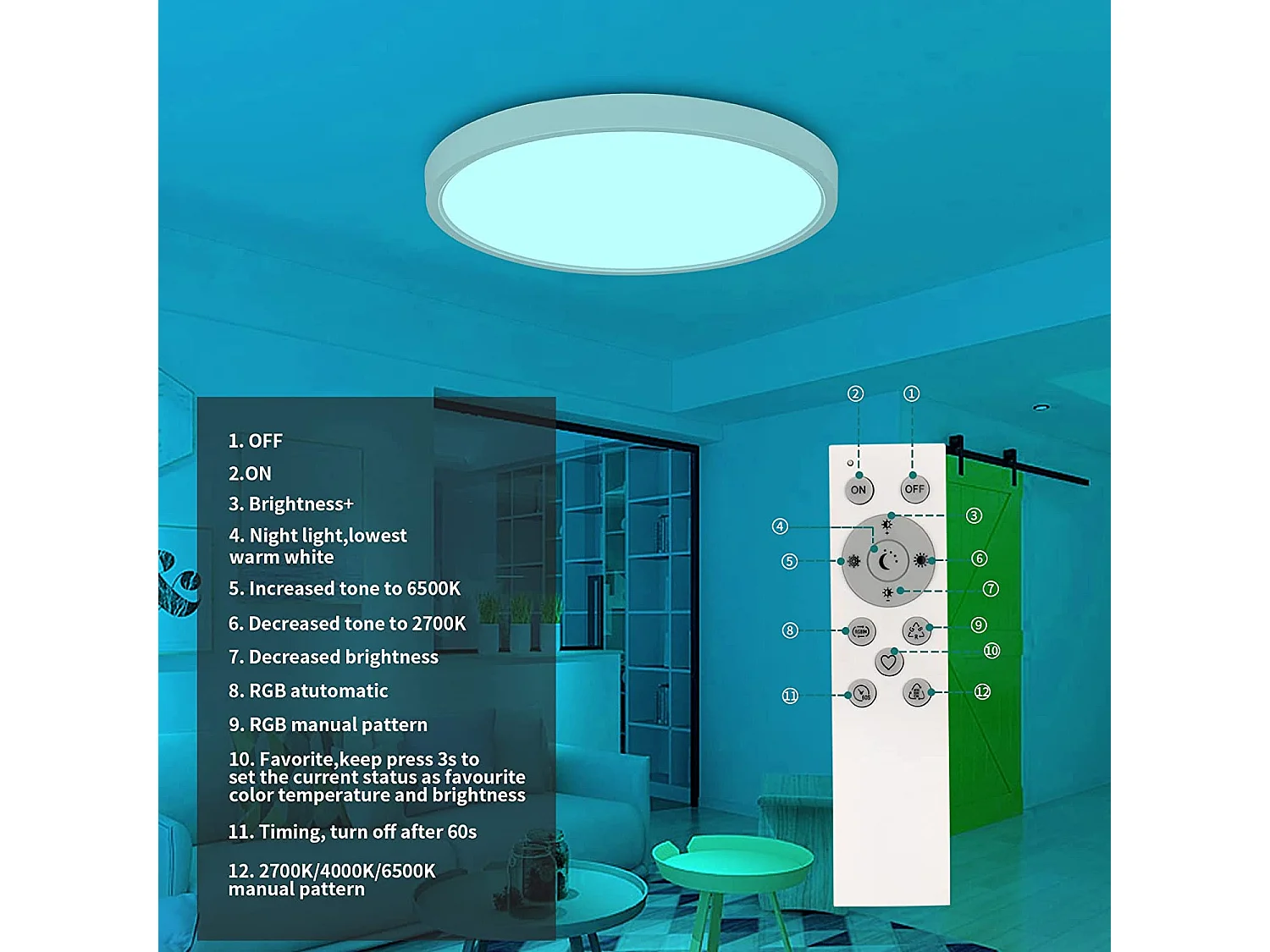 Plafonnier led 24w dimmable RGB, blanc, 30*2.5cm, 2520lm avec télécommande, 2700-6500k