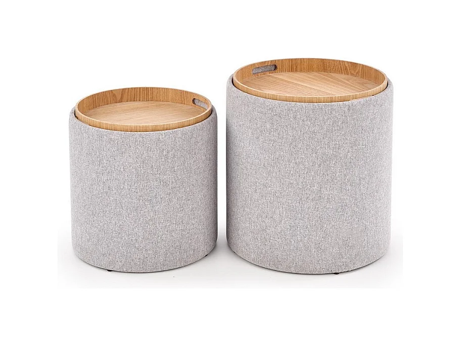 Ensemble de deux poufs avec coffre de rangement en tissu gris avec dessus aspect bois SEMIEL