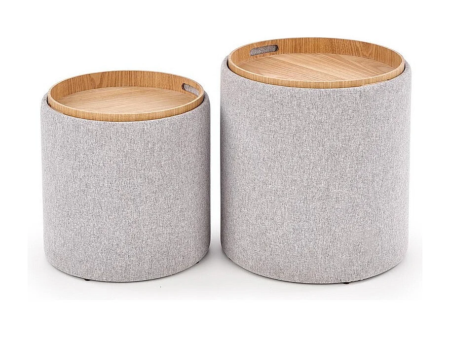 Ensemble de deux poufs avec coffre de rangement en tissu gris avec dessus aspect bois SEMIEL