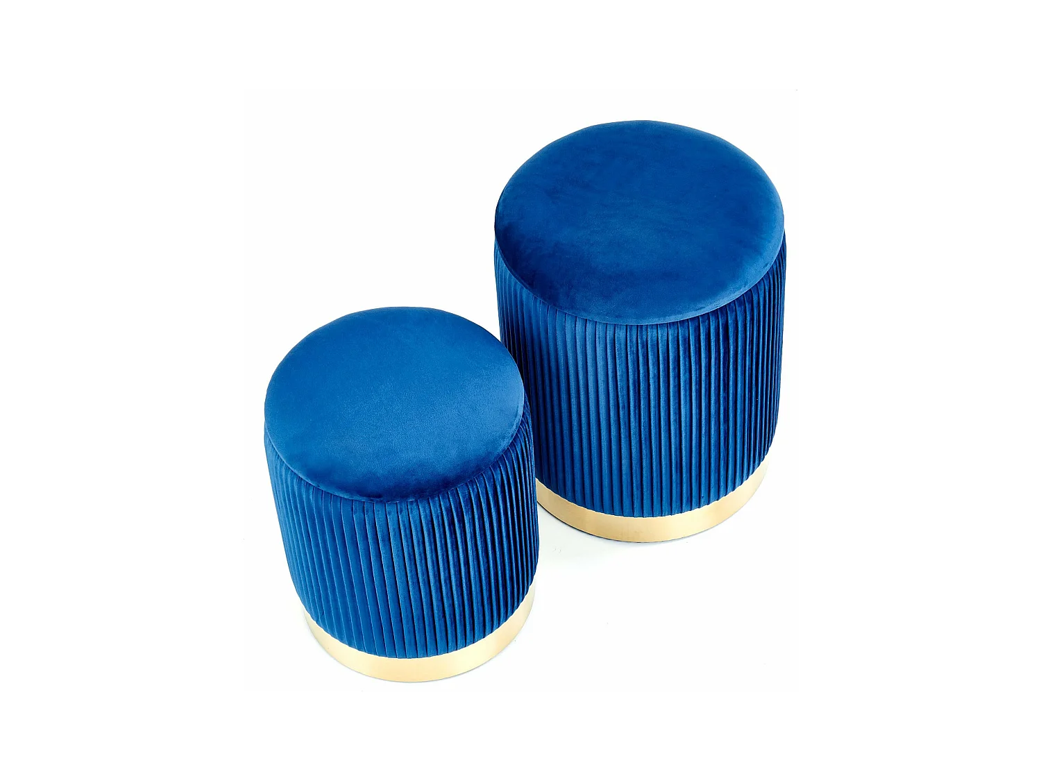 Pufs nido de terciopelo plisado azul con base de metal dorado PLEATS
