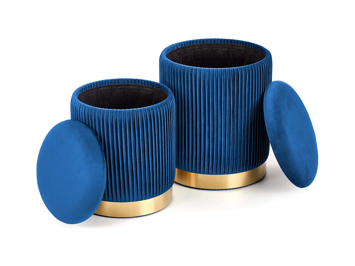 Pufs nido de terciopelo plisado azul con base de metal dorado PLEATS