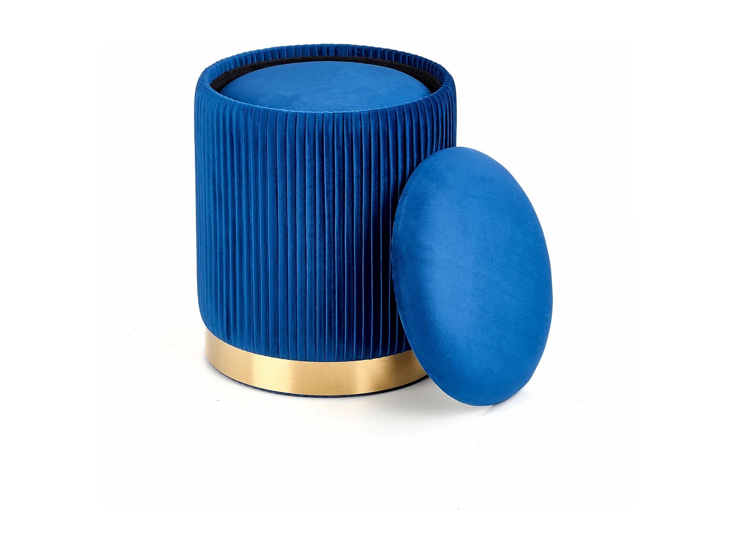 Pufs nido de terciopelo plisado azul con base de metal dorado PLEATS