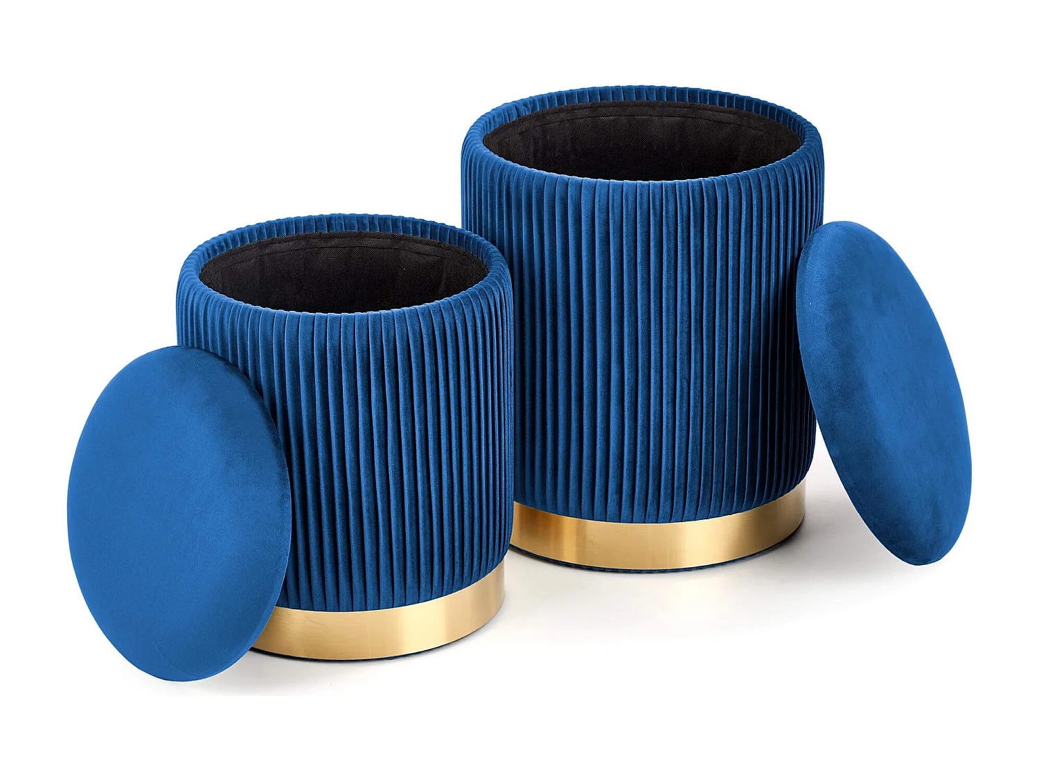 Poufs gigognes en velours plissé bleu avec socle en métal doré PLEATS