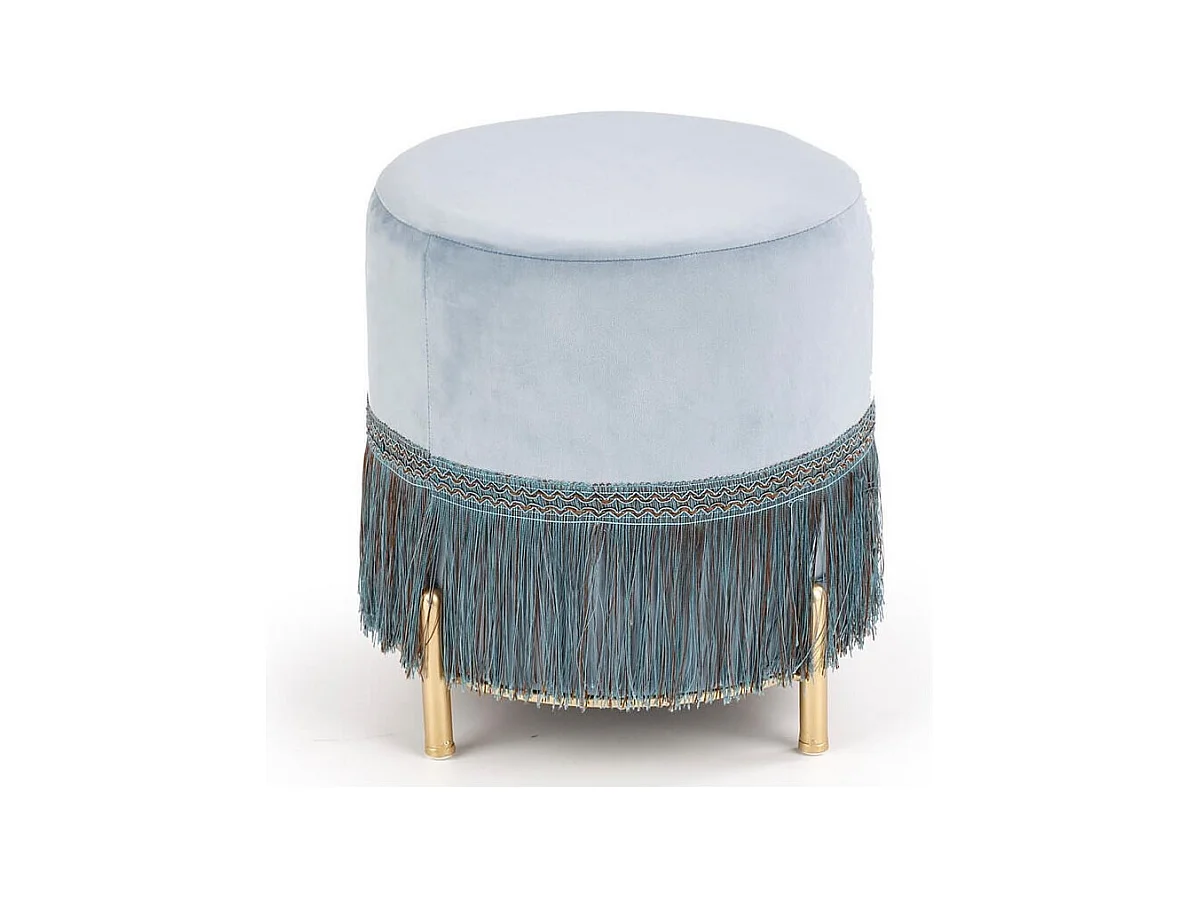 Pouf à franges en velours bleu clair avec pieds en métal doré BINGE