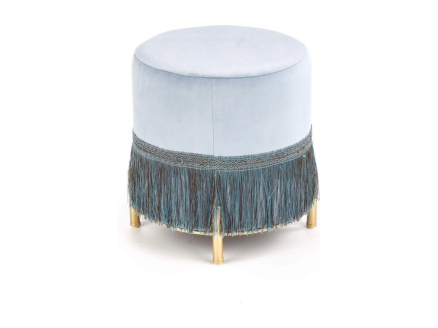 Pouf à franges en velours bleu clair avec pieds en métal doré BINGE
