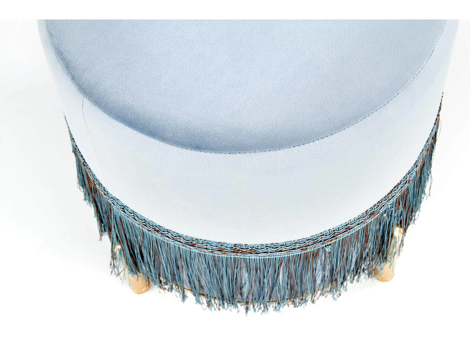 Pouf à franges en velours bleu clair avec pieds en métal doré BINGE