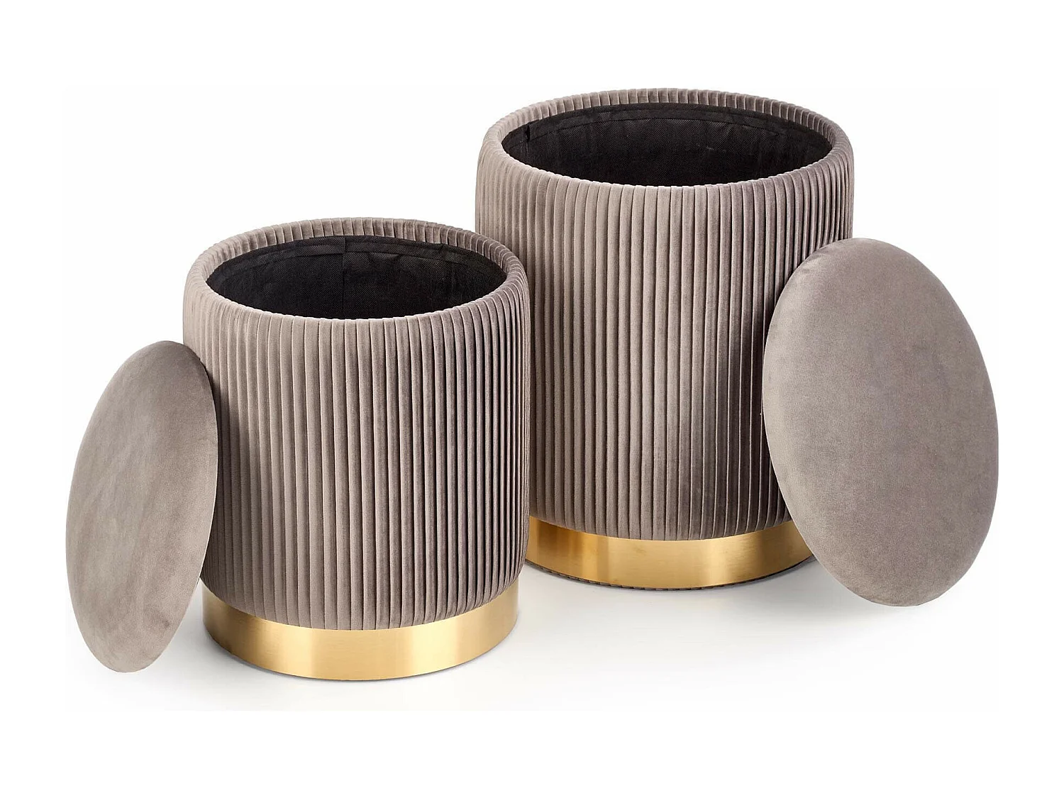 Pufs nido de terciopelo plisado gris con base de metal dorado PLEATS