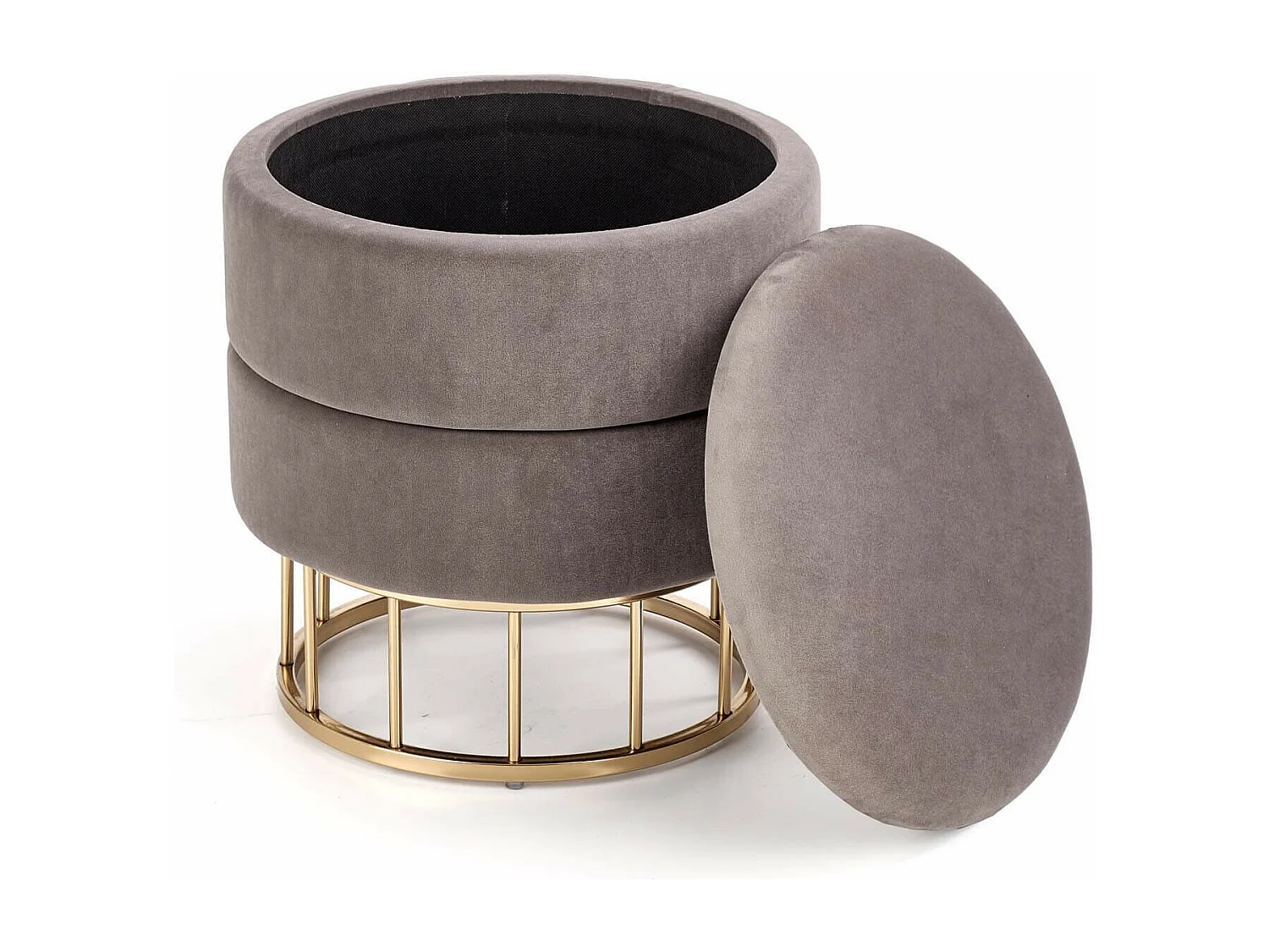 Pouf en velours gris avec coffre de rangement et base en métal doré CHEST