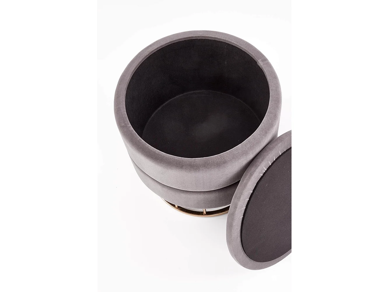 Pouf en velours gris avec coffre de rangement et base en métal doré CHEST