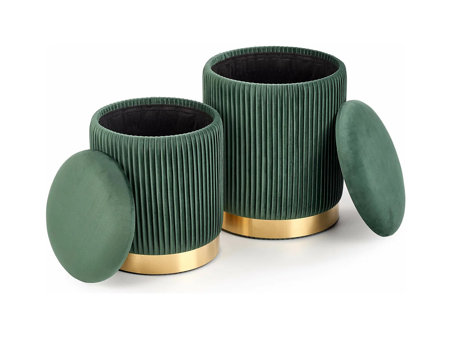 Pufs nido de terciopelo plisado verde oscuro con base de metal dorado PLEATS