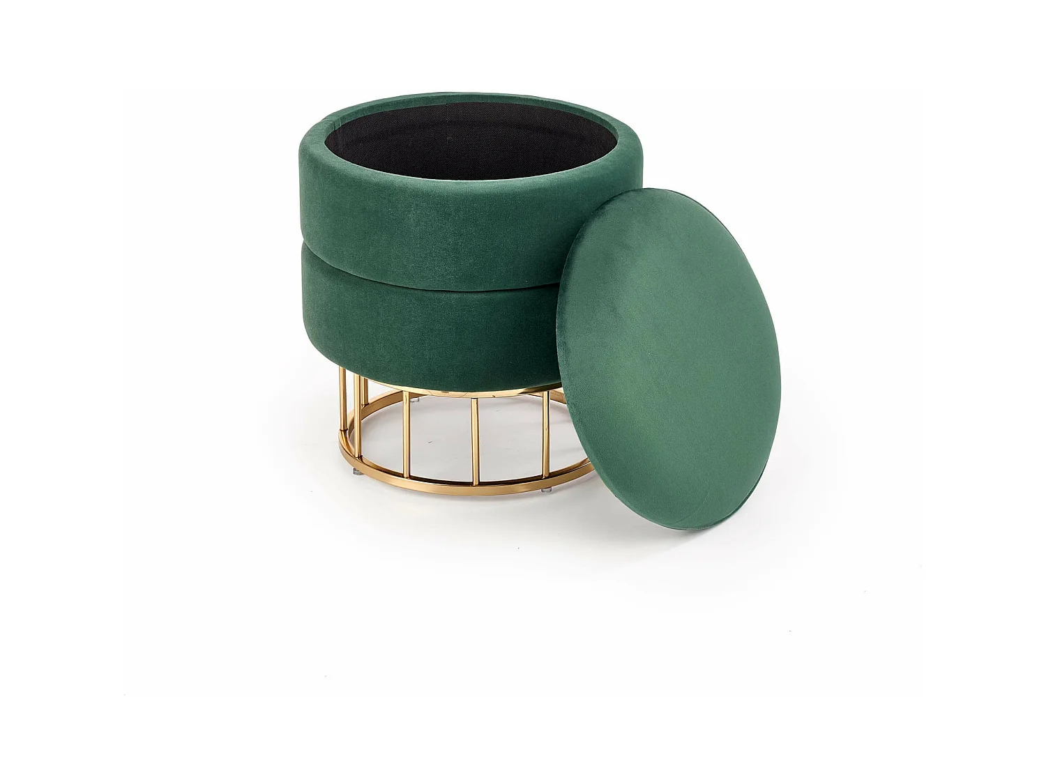 Pouf vintage in velluto verde scuro con contenitore e piedini dorati CESTINO