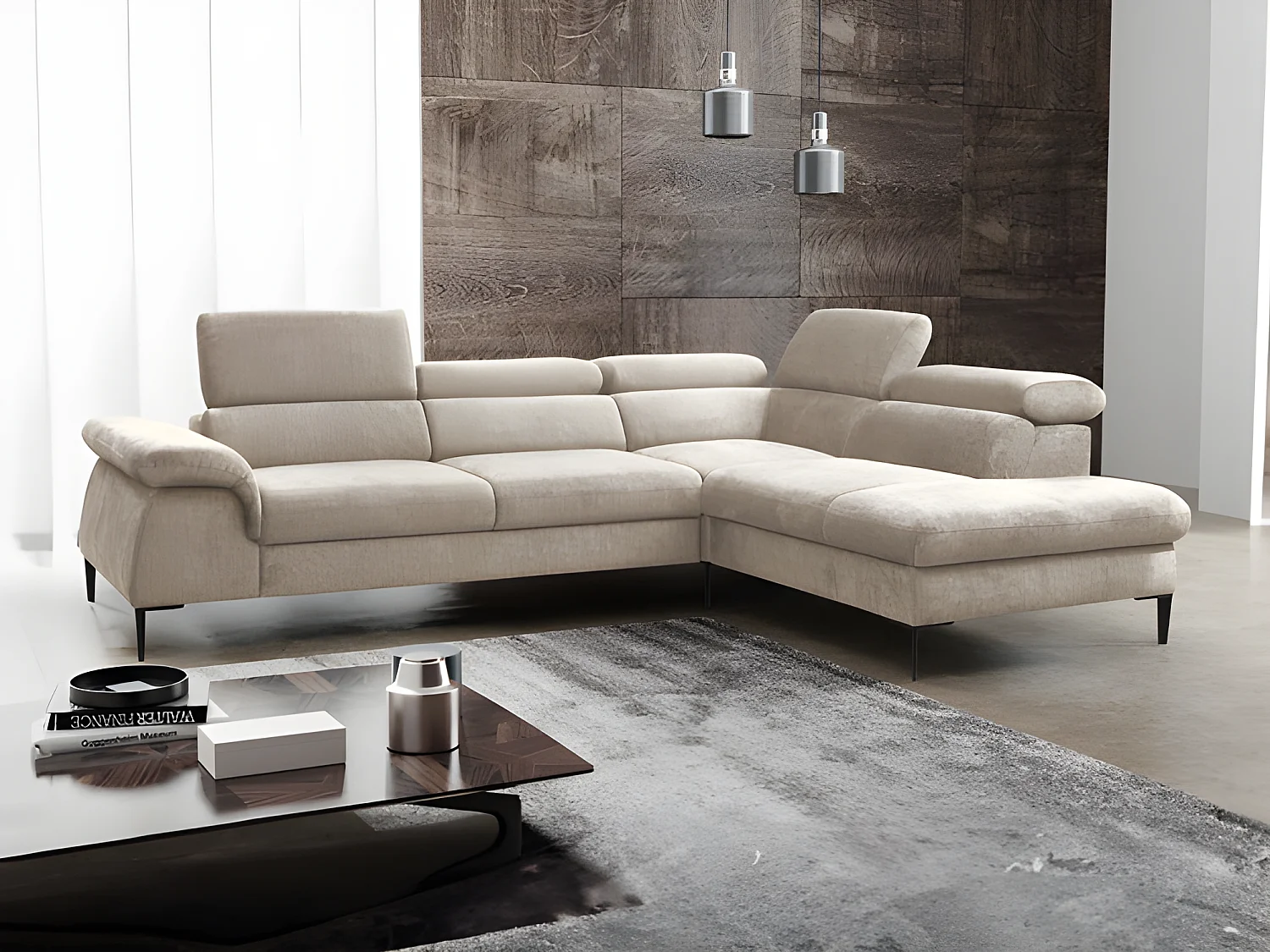 Grand canapé d'angle droit convertible en velours beige SEPINA de Pascal Morabito