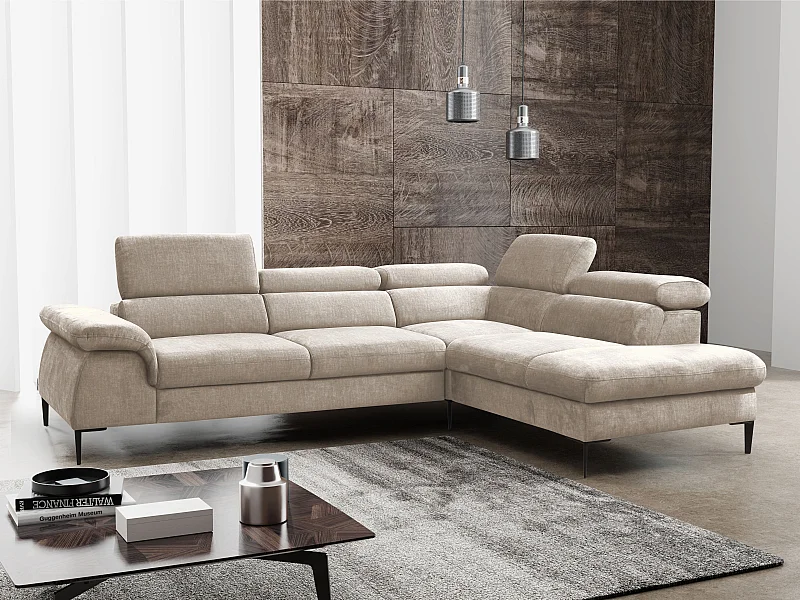 Grand canapé d'angle droit convertible en velours beige SEPINA de Pascal Morabito