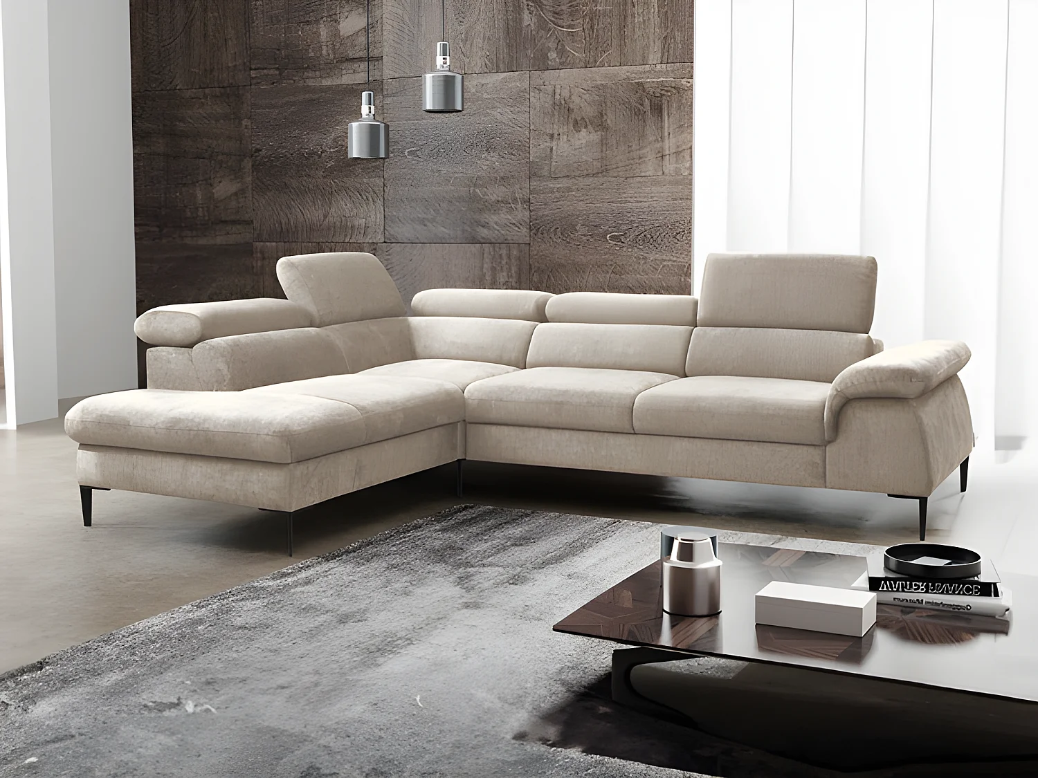 Grand canapé d'angle gauche convertible en velours beige SEPINA de Pascal Morabito
