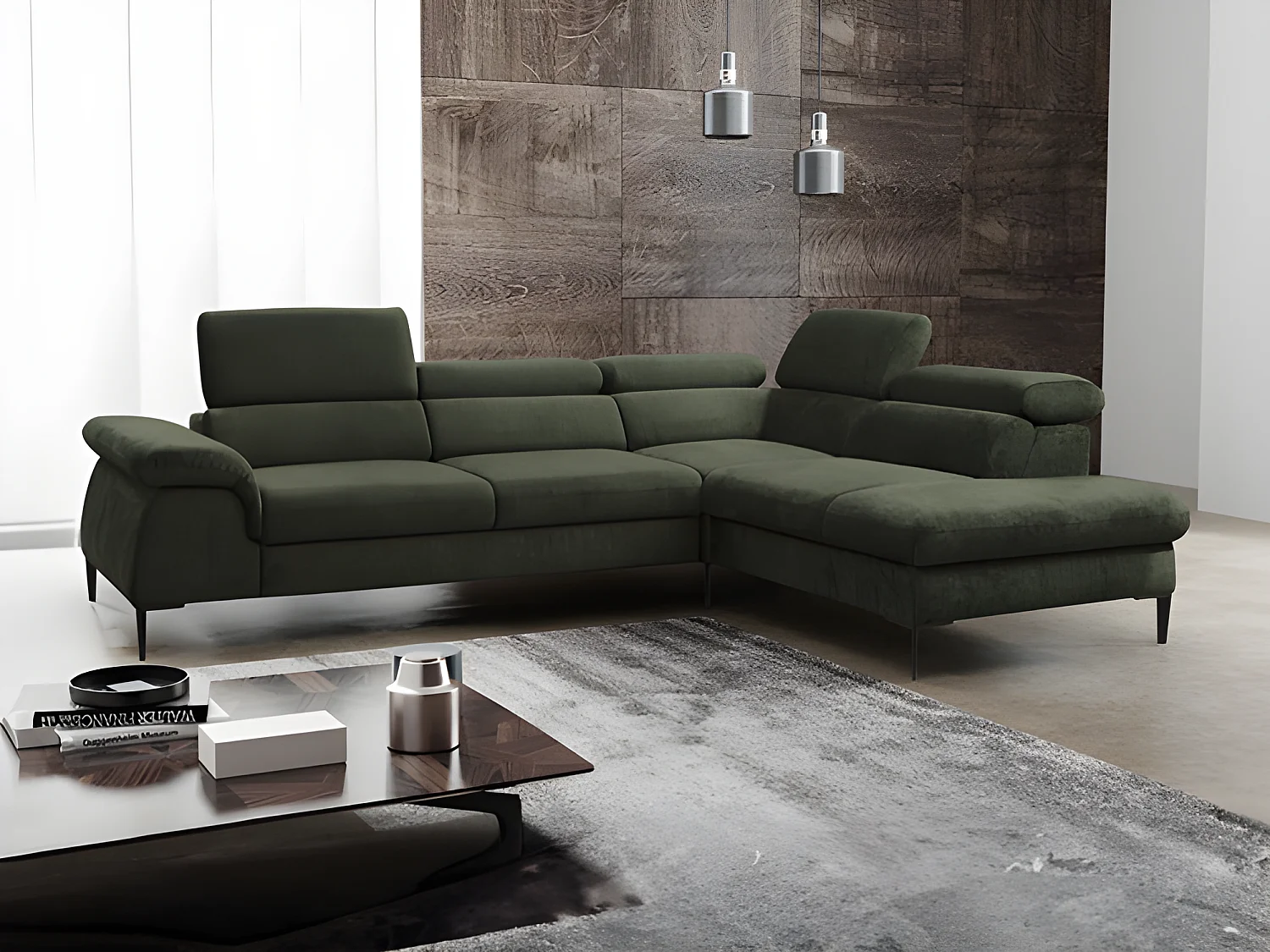 Stor højreol sofa med højre hjørnesofa i grøn velour SEPINA af Pascal Morabito