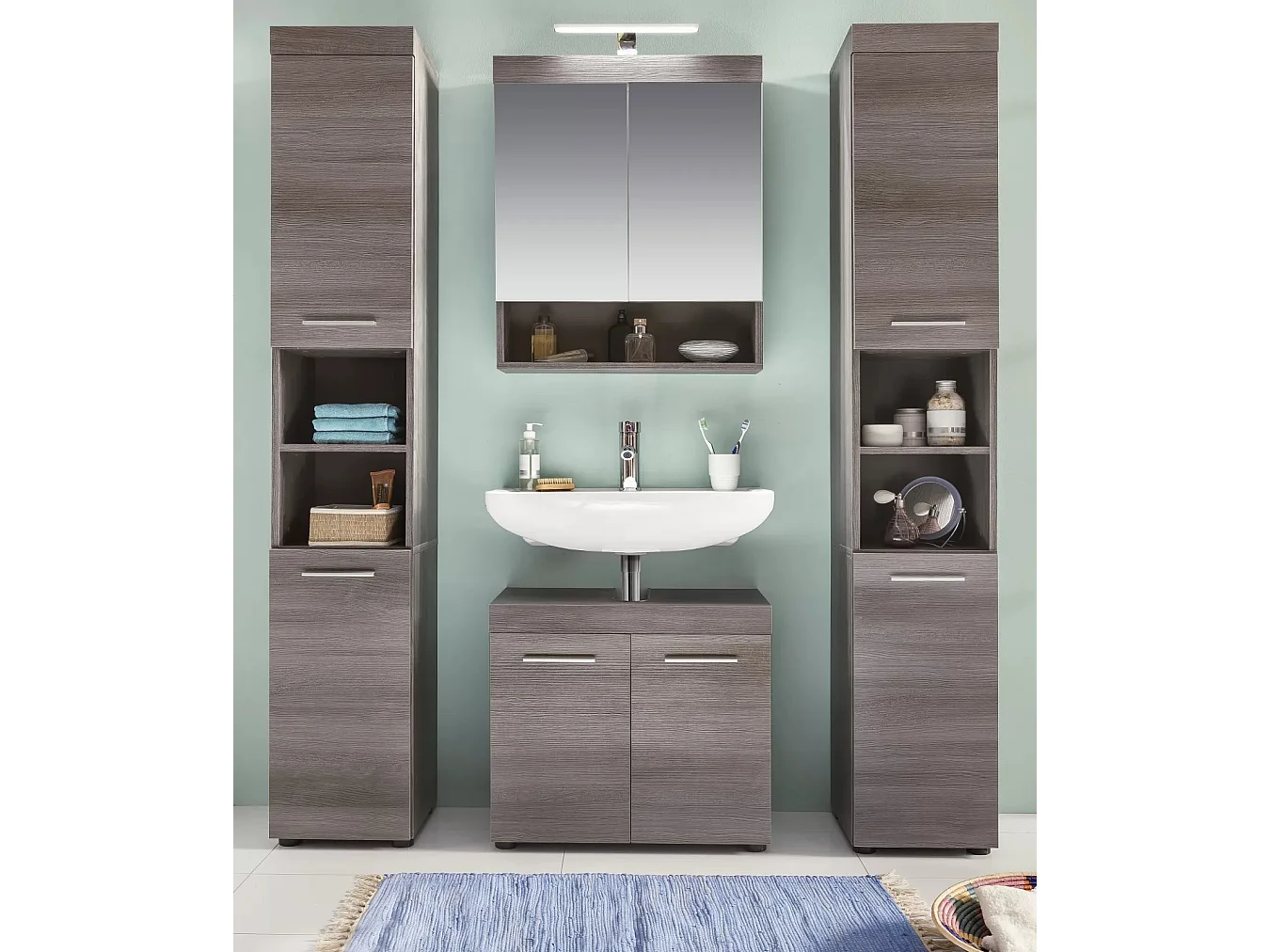 Ensemble meuble salle de bain 4 pièces mélaminé chêne foncé Rune