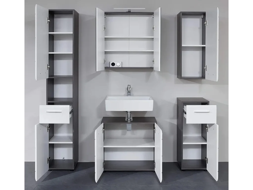 Ensemble meuble de salle de bain 5 pièces blanc et gris Bezzi