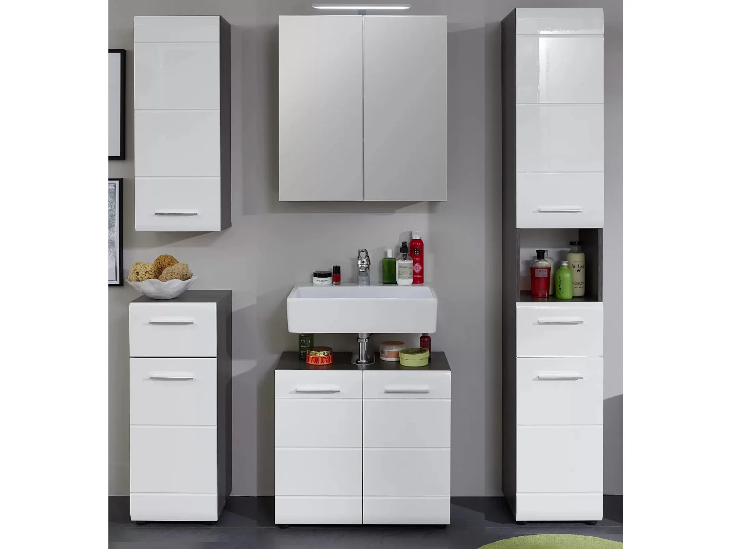 Ensemble meuble de salle de bain 5 pièces blanc et gris Bezzi