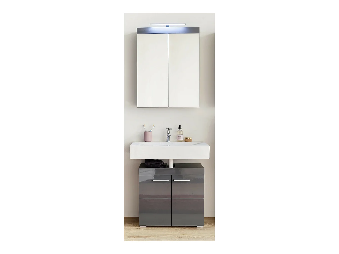 Ensemble meuble de salle de bain avec miroir 2 pièces gris brillant Kelia