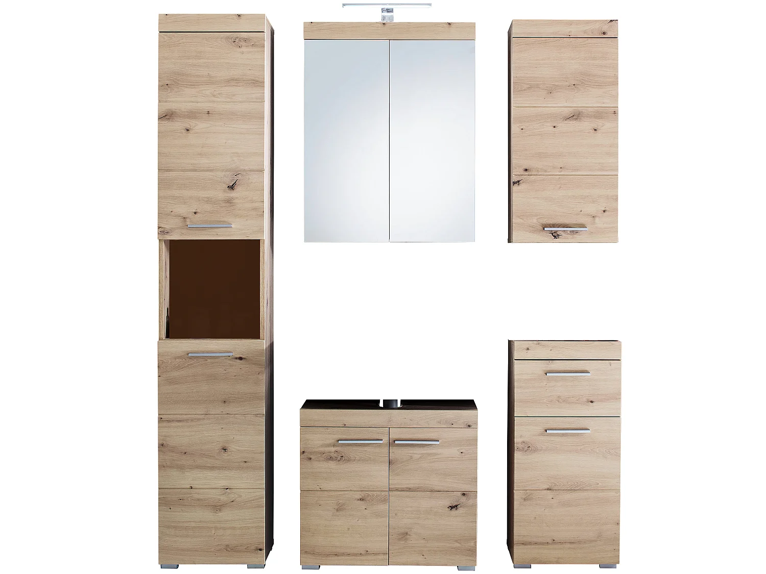 AMANDA - Ensemble de salle de bains. Mélaminé coloris chêne. 5 pièces. L - H - P : 163 | 190 | 34 cm