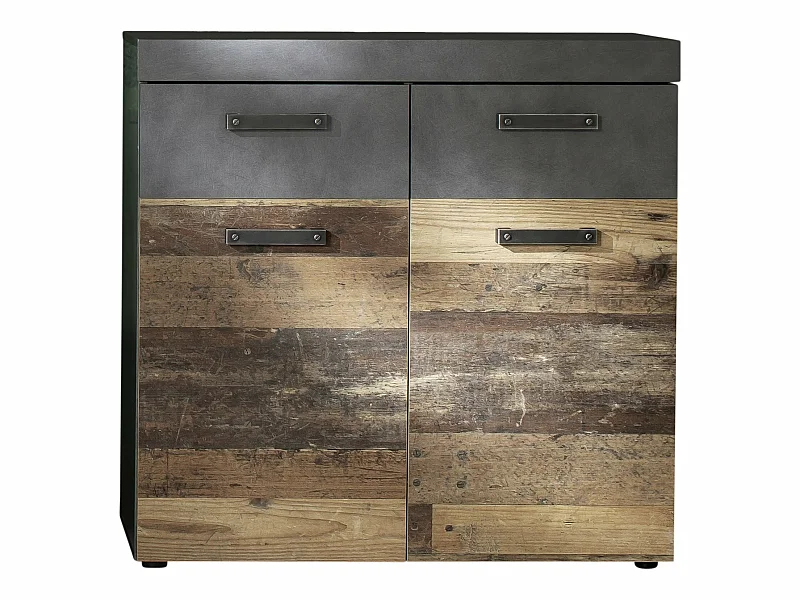 Meuble d'entrée - Meuble de rangement ou à chaussures en mélaminé coloris bois vieilli finition gris ciment. L - H - P : 90 - 89 - 34  cm