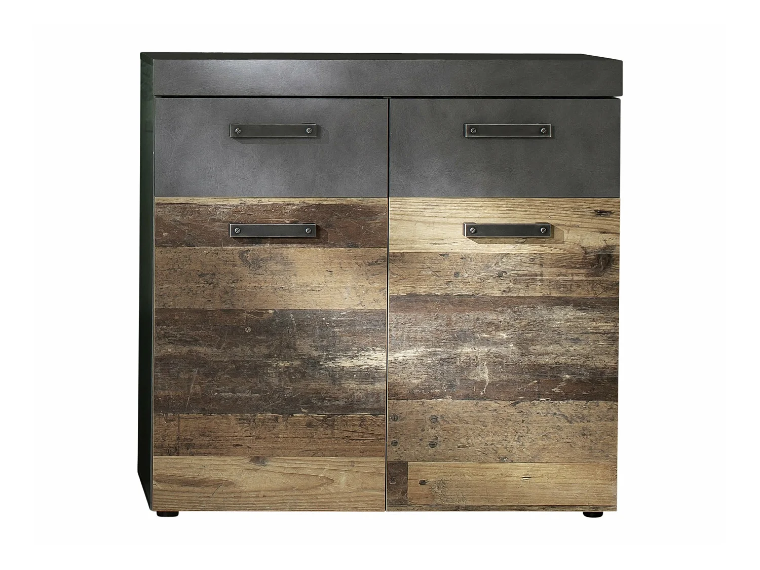 Meuble d'entrée - Meuble de rangement ou à chaussures en mélaminé coloris bois vieilli finition gris ciment. L - H - P : 90 - 89 - 34  cm
