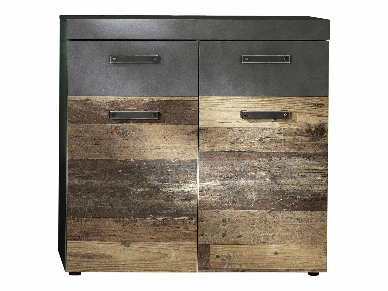 Meuble d'entrée - Meuble de rangement ou à chaussures en mélaminé coloris bois vieilli finition gris ciment. L - H - P : 90 - 89 - 34  cm