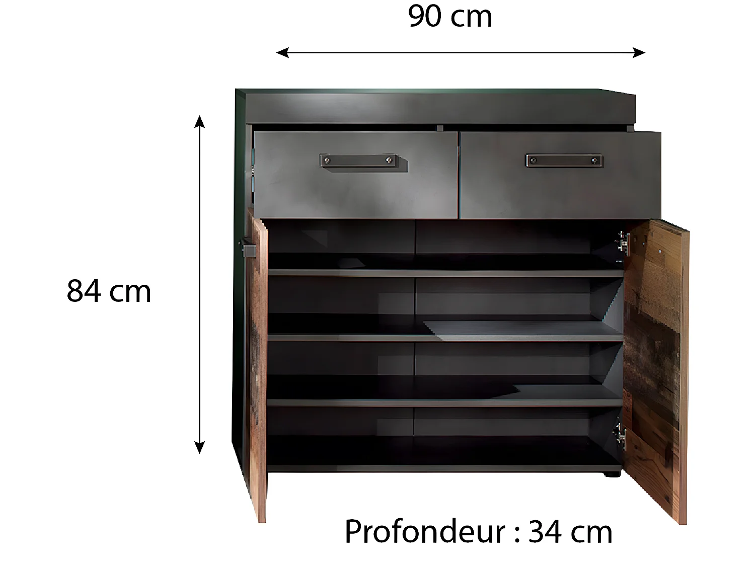 Meuble d'entrée - Meuble de rangement ou à chaussures en mélaminé coloris bois vieilli finition gris ciment. L - H - P : 90 - 89 - 34  cm