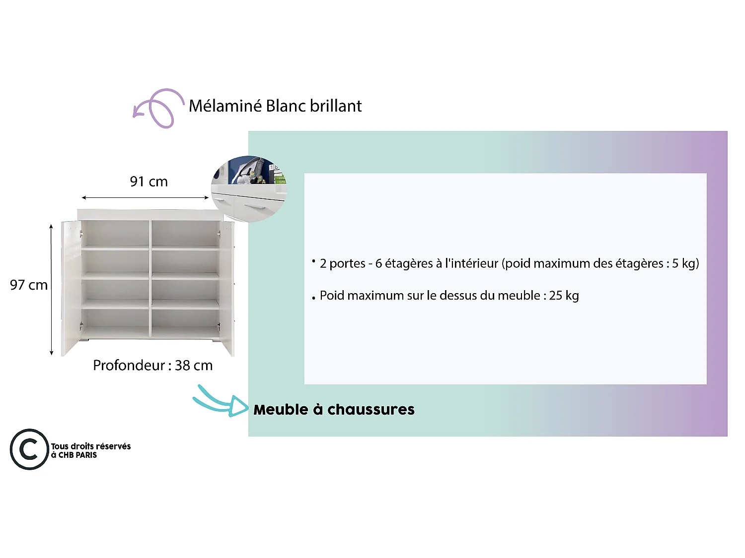 Meuble d'entrée - Meuble à chaussures.  mélaminé blanc ; L - H - P : 91 - 97 - 38 cm