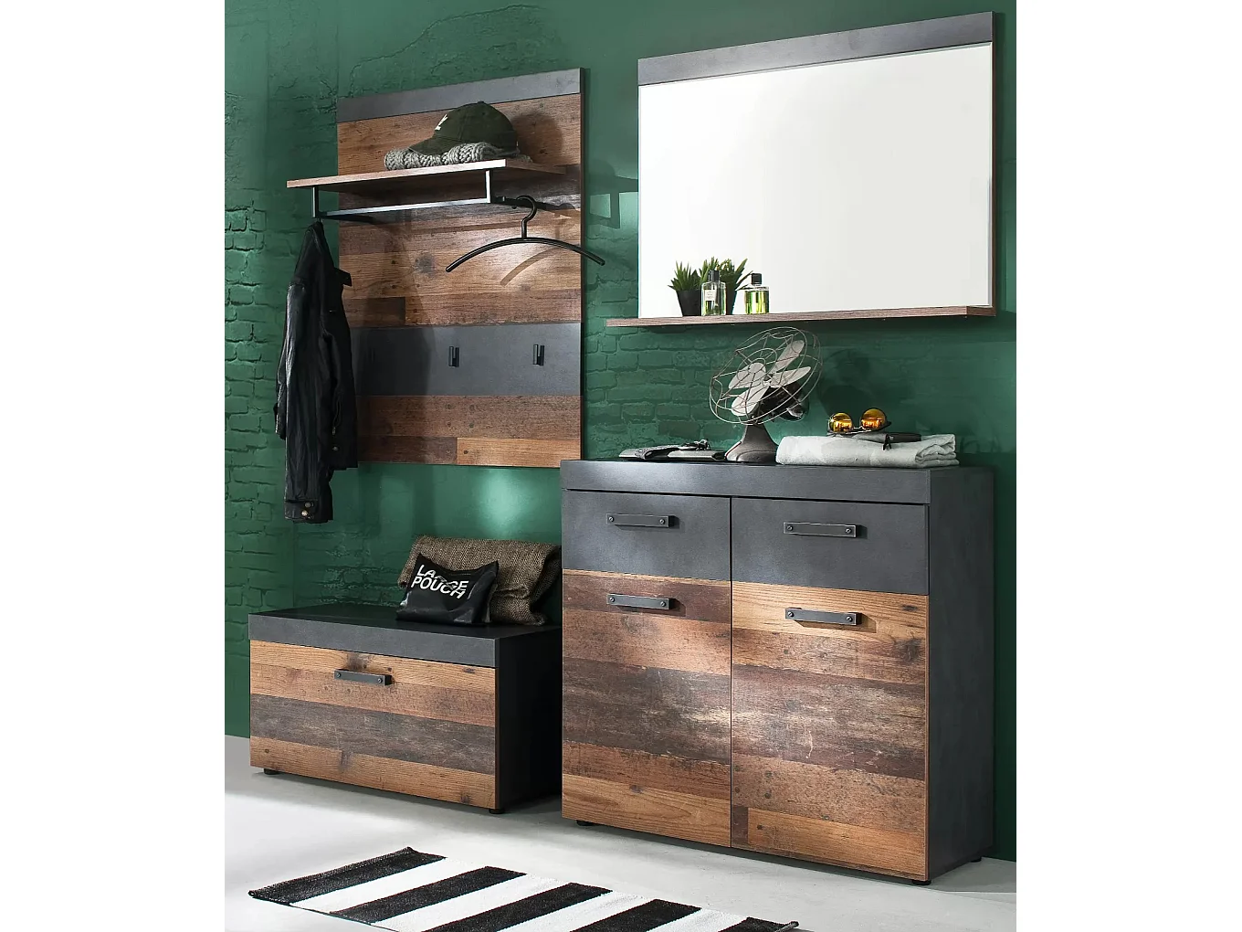 Meuble à chaussures 2 portes 2 tiroirs chêne foncé et gris Orcel