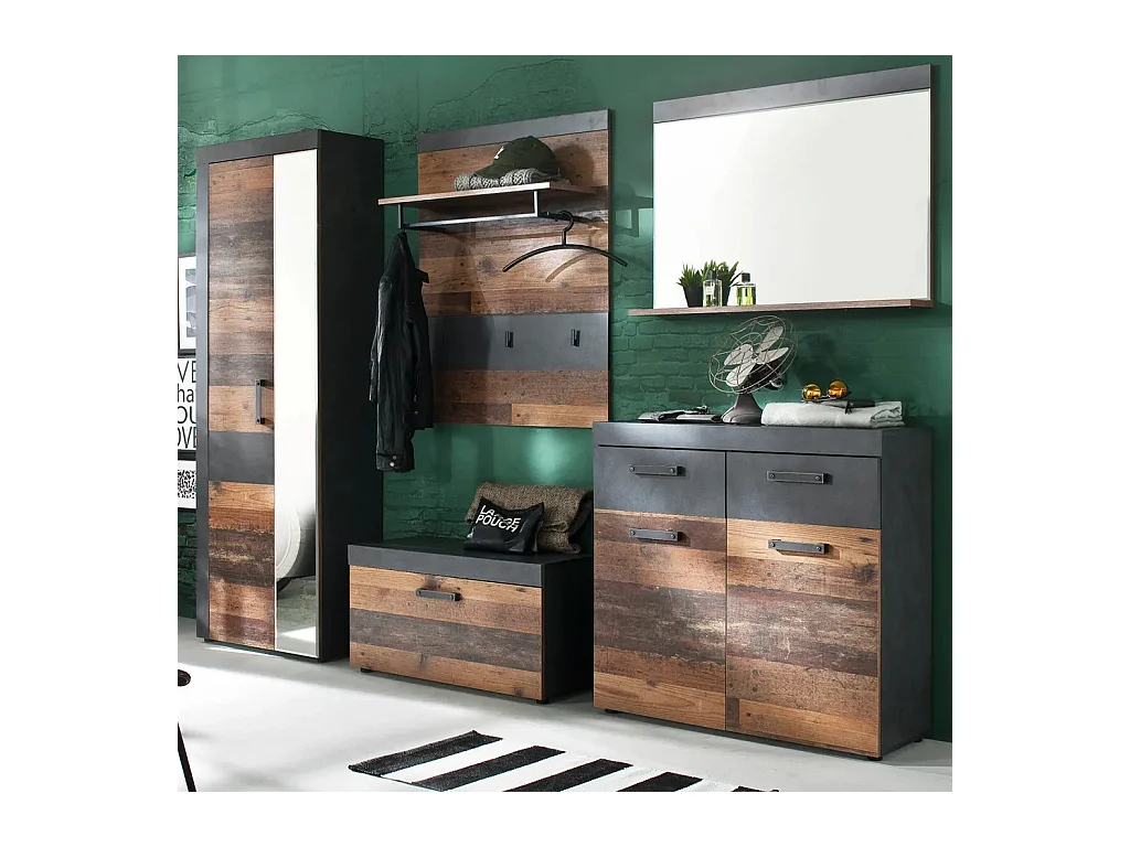 Meuble à chaussures 2 portes 2 tiroirs chêne foncé et gris Orcel