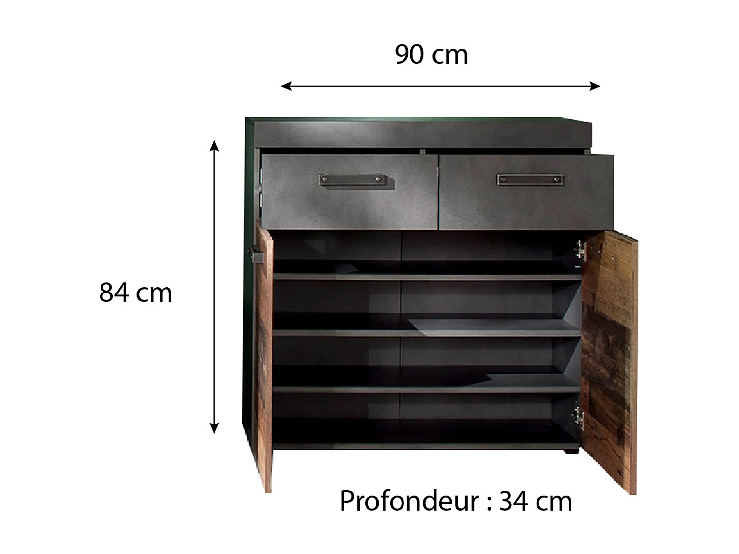 Meuble à chaussures 2 portes 2 tiroirs chêne foncé et gris Orcel