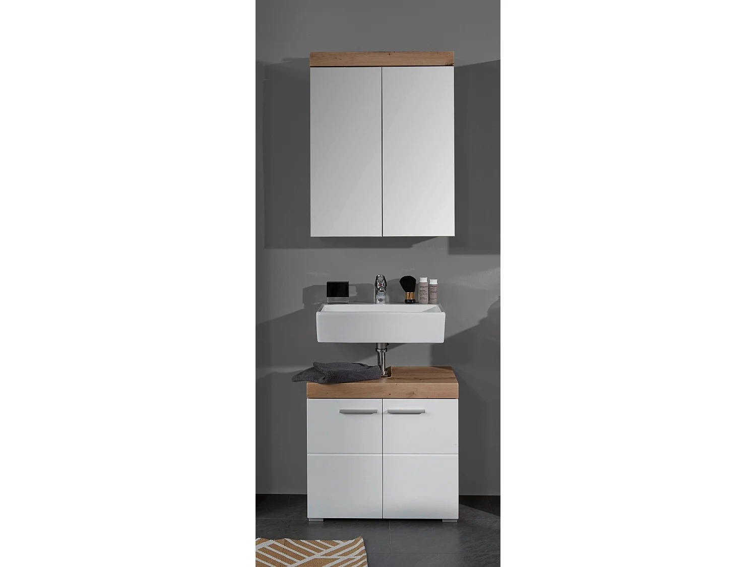 Ensemble salle de bain 2 pièces. mélaminé couleur chêne/blanc brillant L - H - P : 60 - 190 - 34 cm