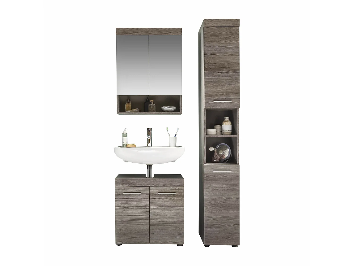 Ensemble de SDB - 3 meubles en mélaminé bois grisé, vasque non incluse. L-H-P : 103 - 190 - 31 cm