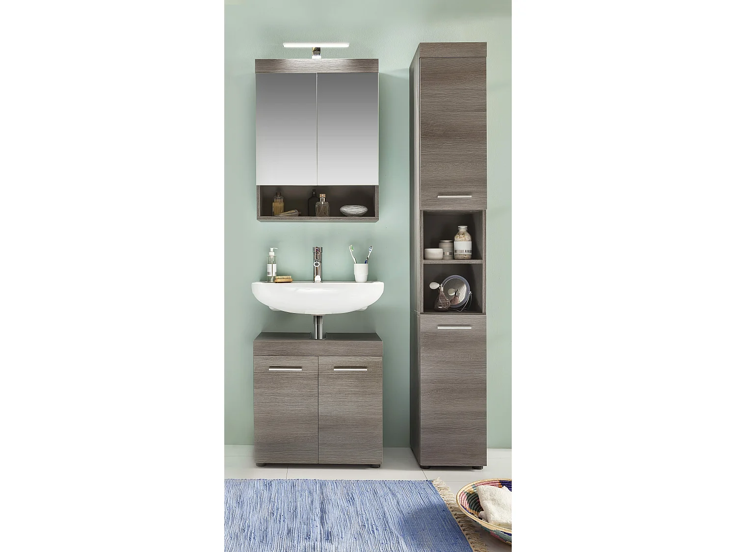 Ensemble de SDB - 3 meubles en mélaminé bois grisé, vasque non incluse. L-H-P : 103 - 190 - 31 cm